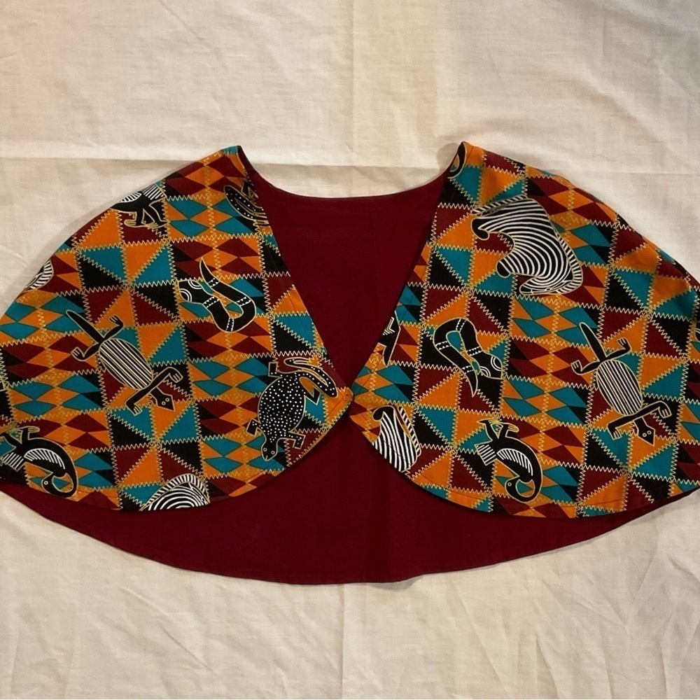 Hand Crafted Ankara African Print Capelet Sz. 16 Burgundy Turquoise Orange Lined - Picture 2 of 10